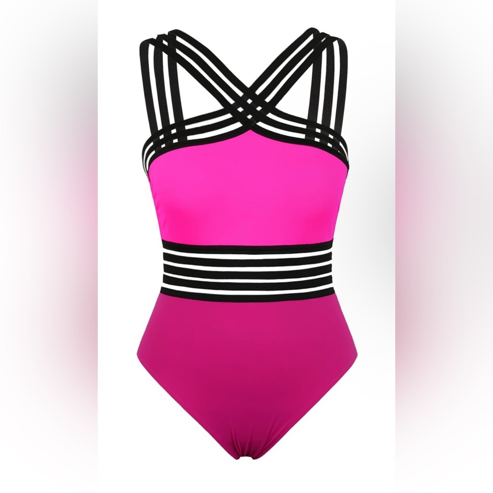 NEW!! Womens Swimwear 2-toned Pink and Black Striped Swimsuit, never worn!